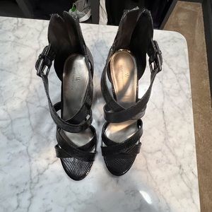 Size 10 strappy black heels with zipper back